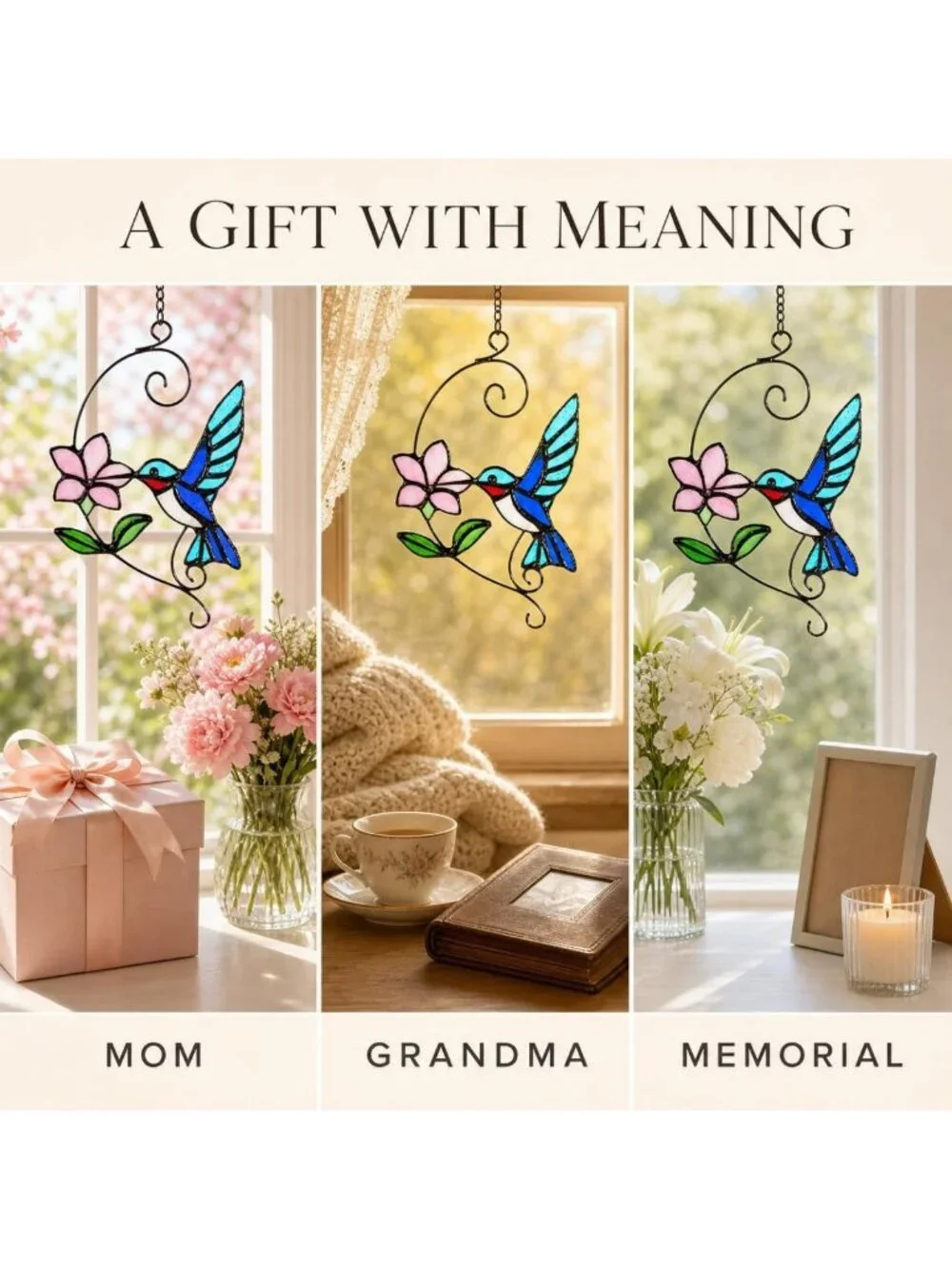 Handmade Hummingbird Stained Glass Suncatcher with Pink Flower - Window Decor